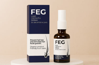 FEG hair growth spray bottle and packaging promoting organic hair loss prevention and follicle stimulation