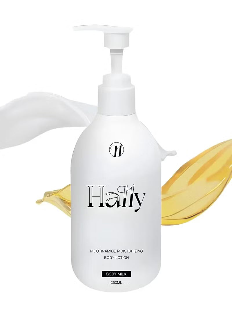 Hally nicotinamide moisturizing body lotion in white 250ml pump bottle with cream and oil swirls