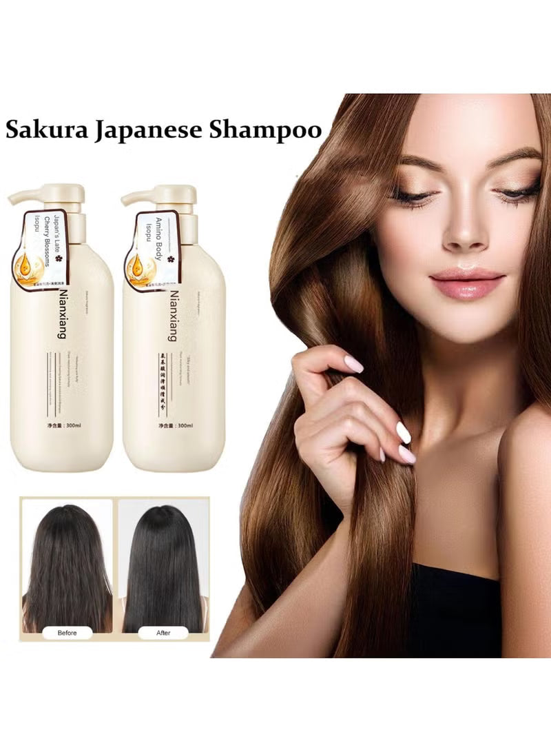 Sakura Japanese Shampoo bottles and before-after hair smoothing results with a woman showing shiny smooth hair