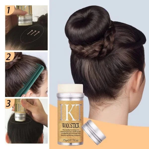 IKT Wax Stick 75g shown with step-by-step hair styling using the wax for sleek, braided bun on dark hair
