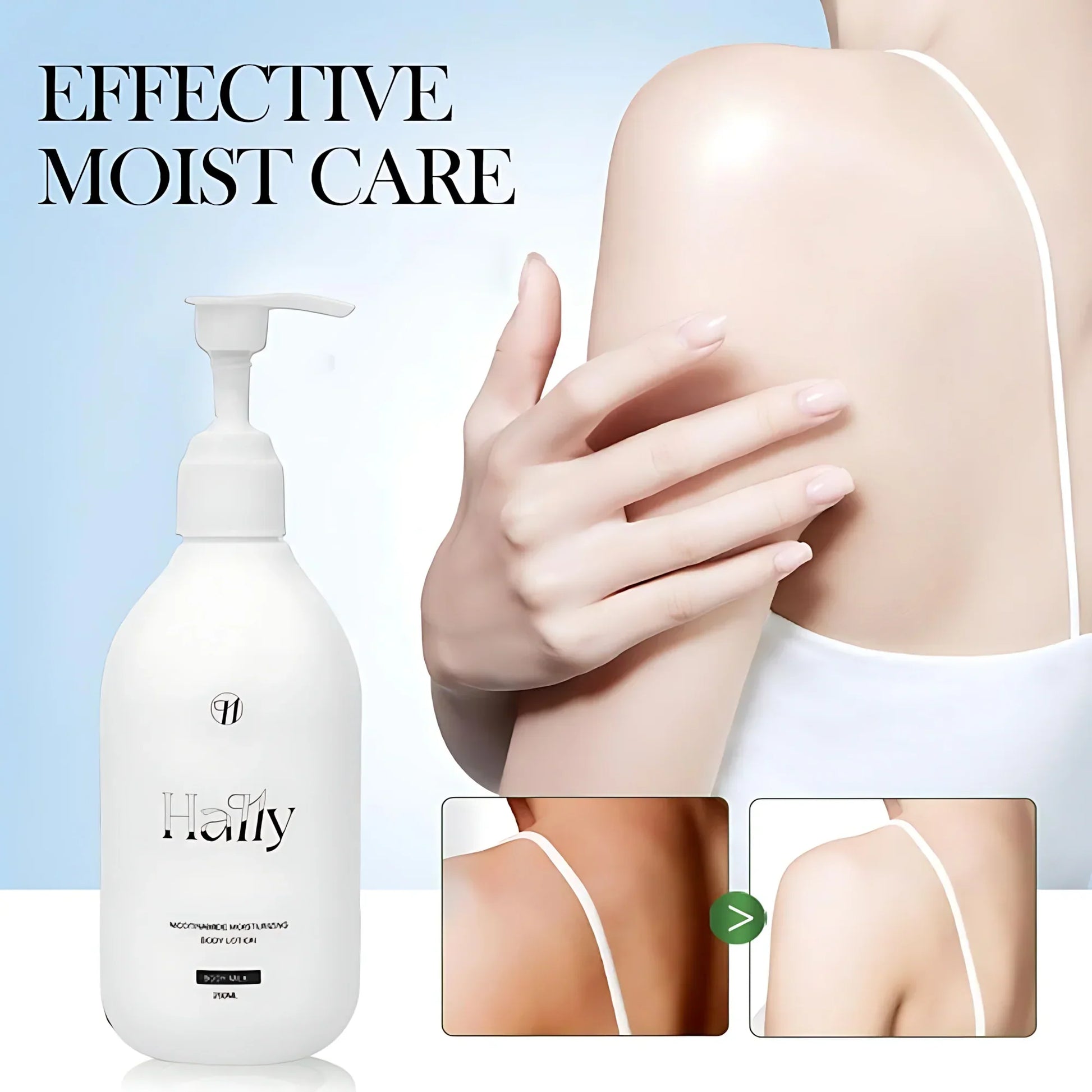 Haily moisturizing body lotion bottle with hand touching smooth shoulder, before and after skin care effect