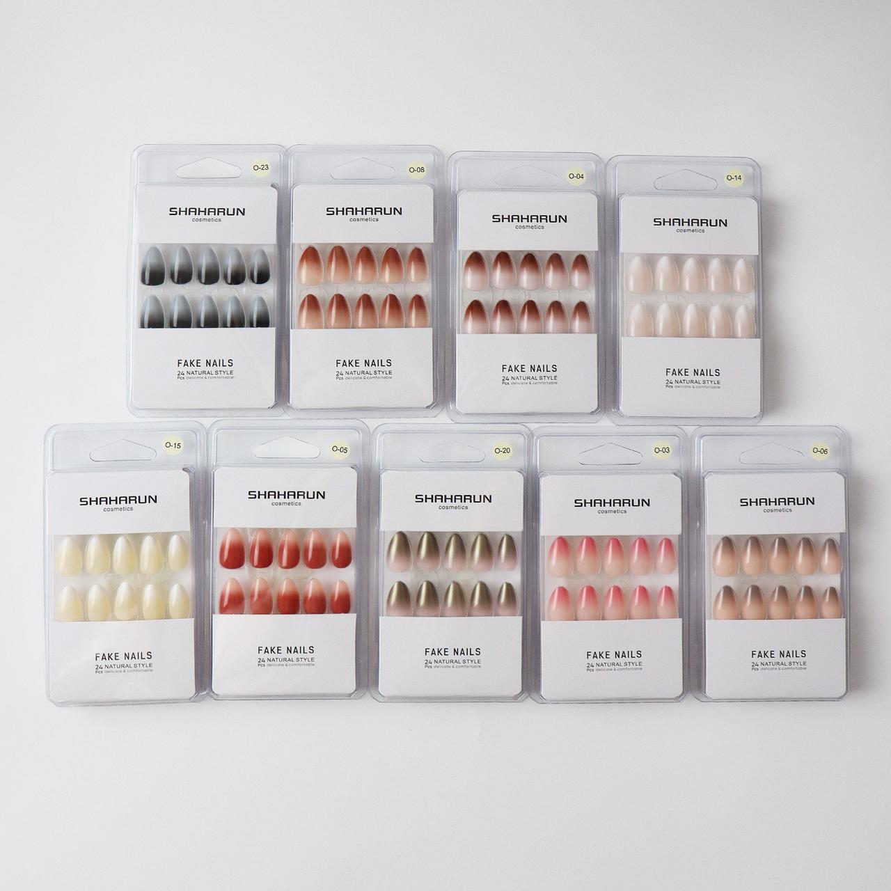 Ten sets of SHAHARUN cosmetics fake nails in assorted natural colors and styles on white background