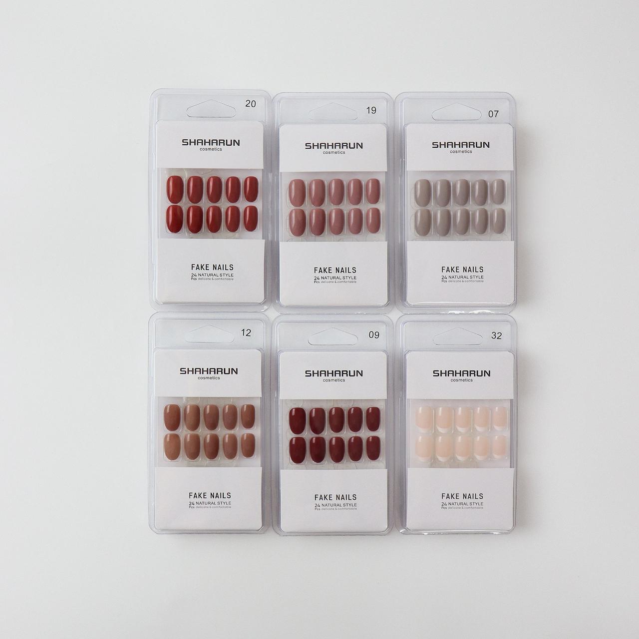 Six SHAHA RUN cosmetics packages of natural style fake nails in various brown and nude shades